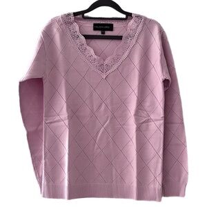 Colleen Lopez Soft Pink V-Neck Sweater with Lace Detail NWOT